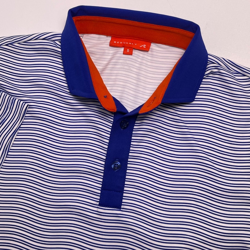 Redvanly Men's Small White Blue Striped Polo Performance Golf